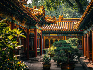 A view of a serene Chinese temple courtyard with potted trees, featuring intricate architectural details and a peaceful atmosphere.