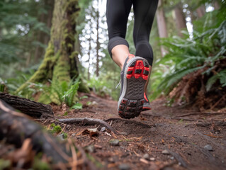 A close-up view of a running shoe with a red sole, stepping on a forest trail.