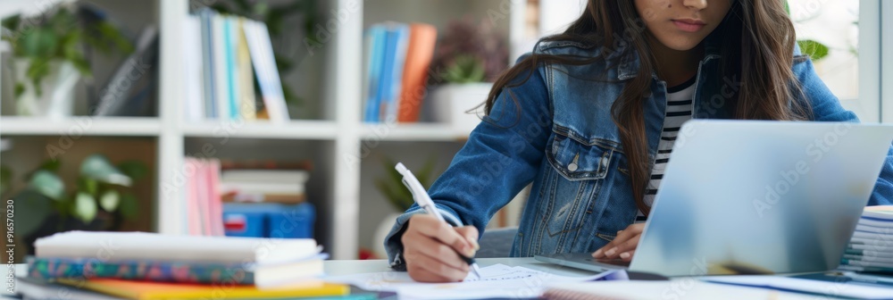 Poster a student is engrossed in studying in the image, at a desk with a laptop and books, symbolizing educ