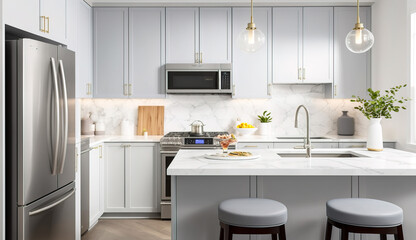 Fototapeta premium Beautiful modern kitchen with white marble countertops