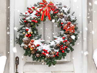 A Christmas wreath adorned with pine cones, berries, and a red bow hangs on a snowy white door.