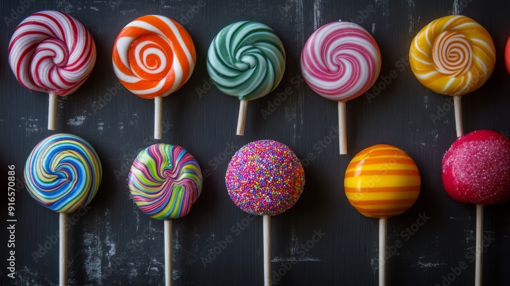 Aufkleber A high-resolution image of assorted lollipops with swirled, multicolored designs, arranged neatly to highlight their vivid patterns.