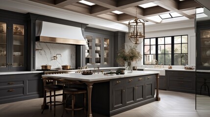 A modern kitchen with dark gray cabinets, brass hardware, and a white marble countertop.