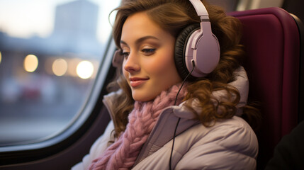 Fototapeta premium Pretty young woman, with blonde hair, wearing a pink cold weather jacket, riding a bus, sitting near the window listening to music with pink earmuffs, generative AI.