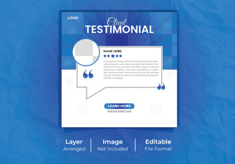 Modern client testimonial or creative customer feedback social media post design vector or square web banner template layout