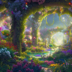 Archway in an enchanted fairy garden landscape