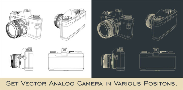 Set Vector camera analog retro classic.  line art draw blueprint wireframe from all view top corner side back isolated in transparent background