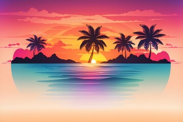 Fototapeta premium Ocean landscape with coconut trees in silhouette against sunset nature background 