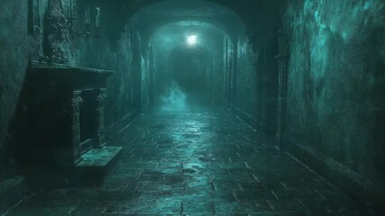 The corridor of scary old gothic architecture abandoned castle, dark concept, Halloween, motion animation video background