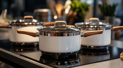 Obraz premium A high-resolution photo of a set of cooking pots with wooden handles, arranged neatly on a stove top.