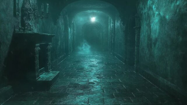 The corridor of scary old gothic architecture abandoned castle, dark concept, Halloween, motion animation video background