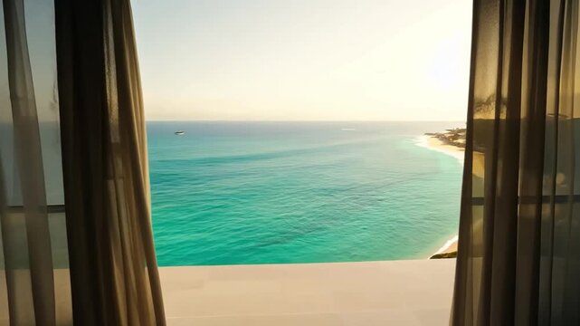 The open window of the villa offers a view of the sea.