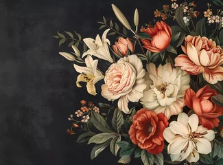 Vintage flower bouquet on a black background. An floral illustration of vintage flowers such as peony, rose and lily for decoration design with space for text