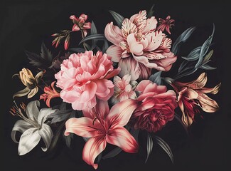 Vintage flower bouquet on a black background. An floral illustration of vintage flowers such as peony, rose and lily for decoration design with space for text