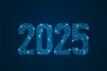 Abstract isolated blue image of new year number 2025. Polygonal low poly wireframe illustration looks like stars in the black night sky in space or flying glass shards. Digital web, internet design.
