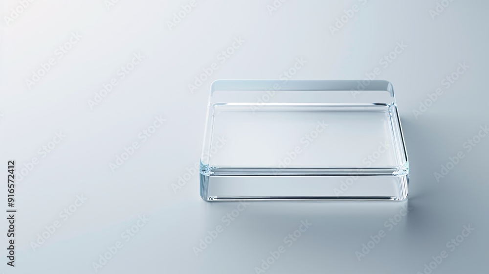 Poster close-up of a transparent plastic box with a detached lid, showcasing its sleek design and clear mat