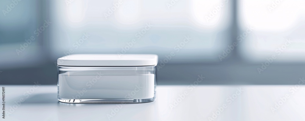 Poster transparent plastic box and lid mockup placed on a light-colored surface. the close-up shot emphasiz