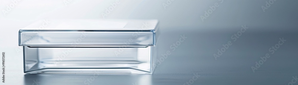 Poster close-up of an empty transparent plastic box with a lid, highlighting its polished finish and sturdy