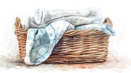 Basket with white towels on white background.