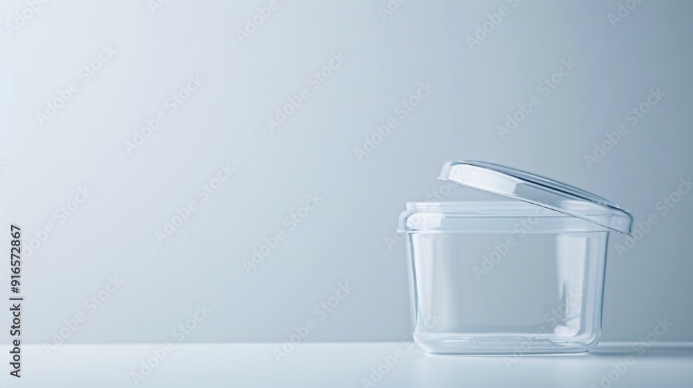 Aufkleber close-up shot of a clear plastic container with its lid slightly ajar, set against a white backgroun