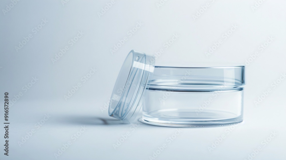 Aufkleber close-up shot of a clear plastic container with its lid slightly ajar, set against a white backgroun