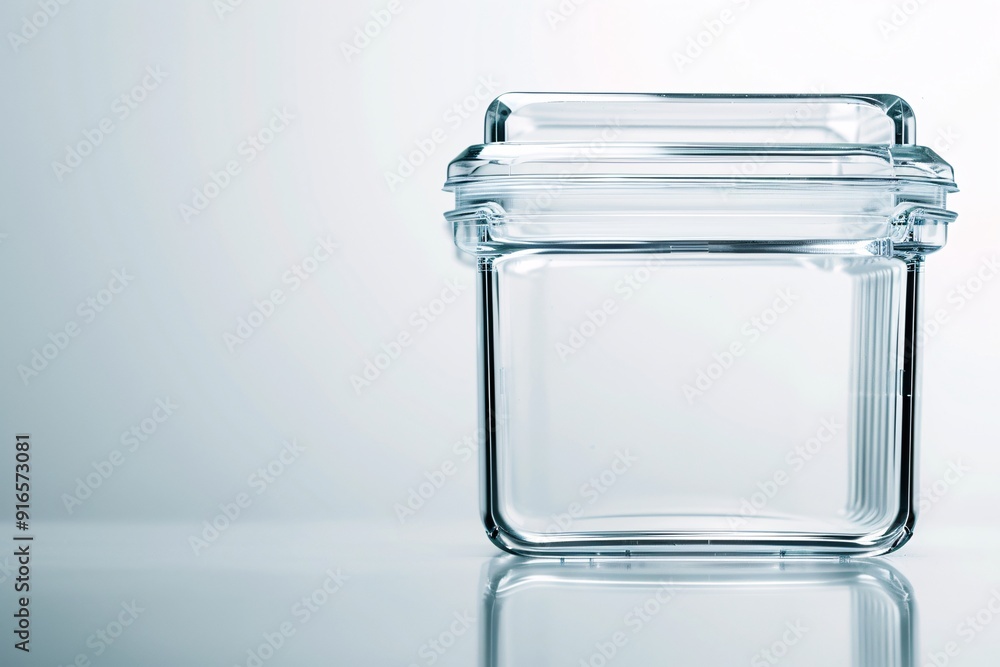 Poster close-up image of a clear plastic container and lid, emphasizing the quality and transparency of the