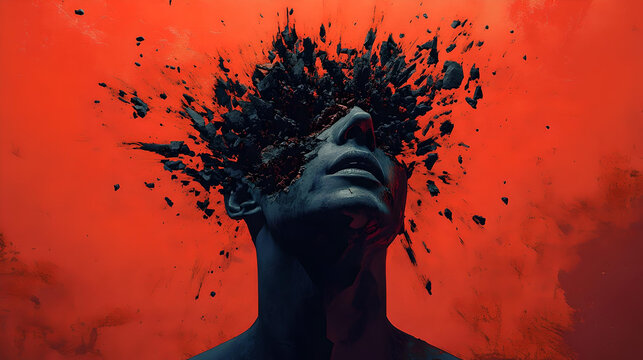 A powerful abstract illustration of a man's head exploding into fragments, set against a red background, symbolizing mental anguish, intense stress, and psychological turmoil.