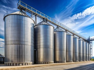 Massive silver silos stand tall at agricultural manufacturing plant, storing and processing grains, cereals, and flour in large iron barrels.