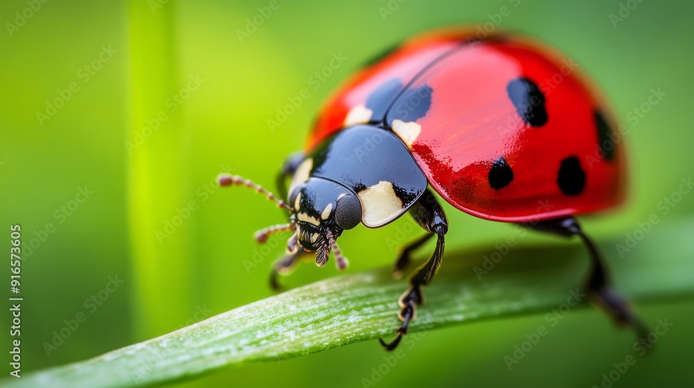 Poster A macro image of a ladybug on a blade of grass, highlighting its bright red shell and black spots.