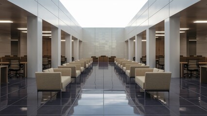 Modern open office corner featuring white walls tiled flooring rows of wooden desks with beige seating and a blank wall for creative use 3D rendering