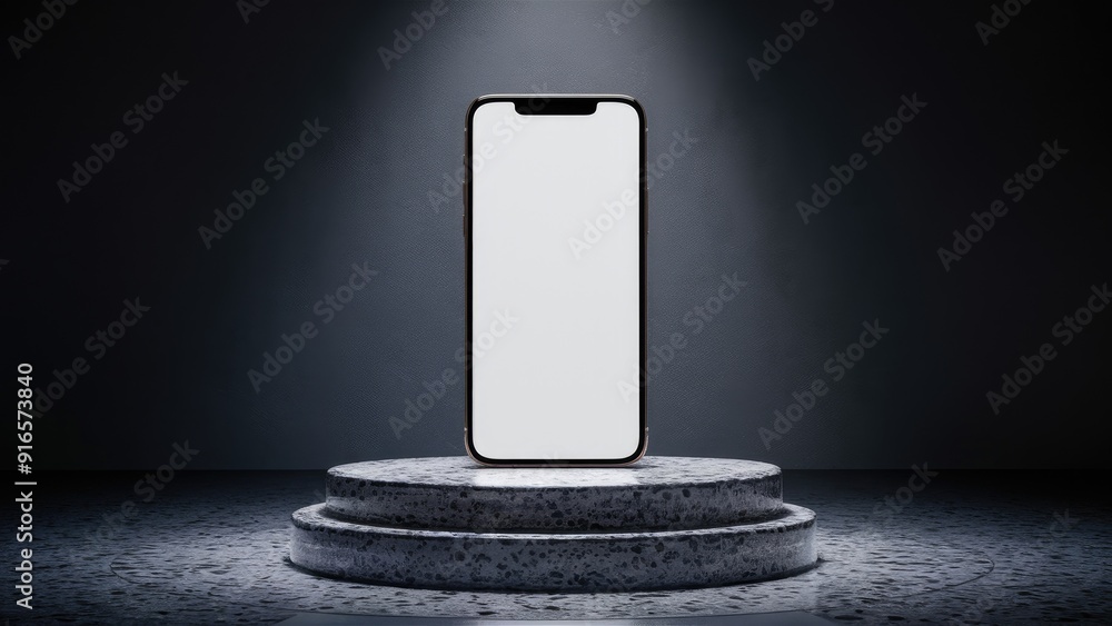 Poster 3d render of a smartphone displayed on a terrazzo podium with a blank screen against a dark gradient