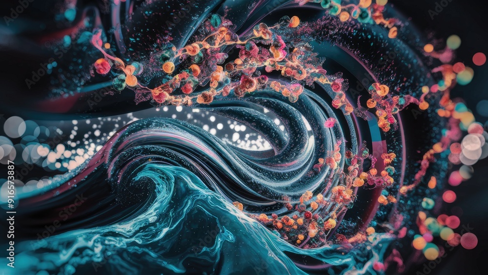 Poster colorful abstract particles and waves with bokeh effect 3d rendering