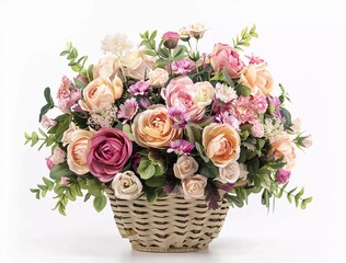 A basket of flowers on a white background, isolated with a clipping path. A floral bouquet in a paper box for gifts and wedding day decoration. 