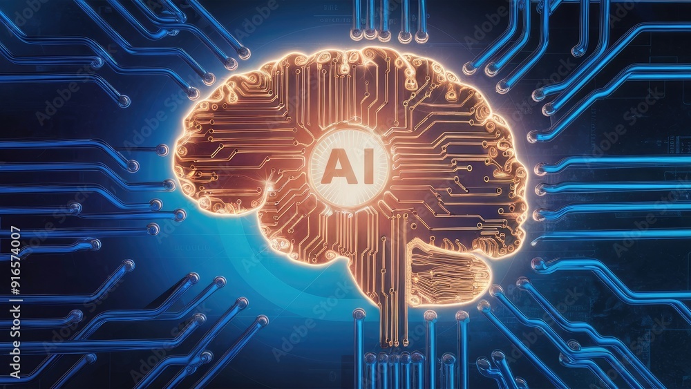 Poster artificial intelligence concept circuit board brain design on blue background symbolizing innovation