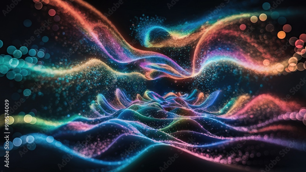 Poster colorful abstract particles and waves with bokeh effect 3d rendering