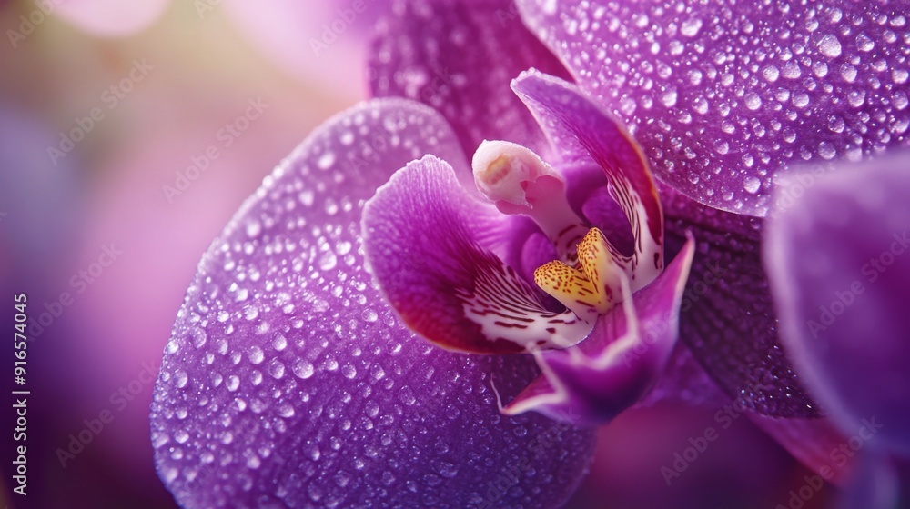 Poster A macro shot of a purple orchid, focusing on the delicate patterns and textures of its petals.