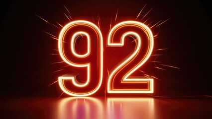 Illuminated Neon Number 92 in Glow on Dark Background