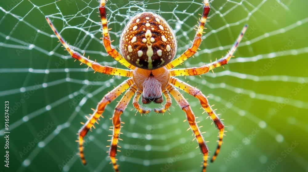 Poster a macro shot of a spider in its web, capturing the intricate details of its legs and body.