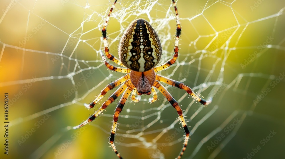 Poster a macro shot of a spider in its web, capturing the intricate details of its legs and body.