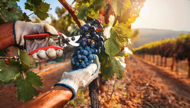 Manos de agricultor con guantes de jardiner&iacute;a y tijera para podar cortando un racimo de uvas en un vi&ntilde;edo durante la vendimia