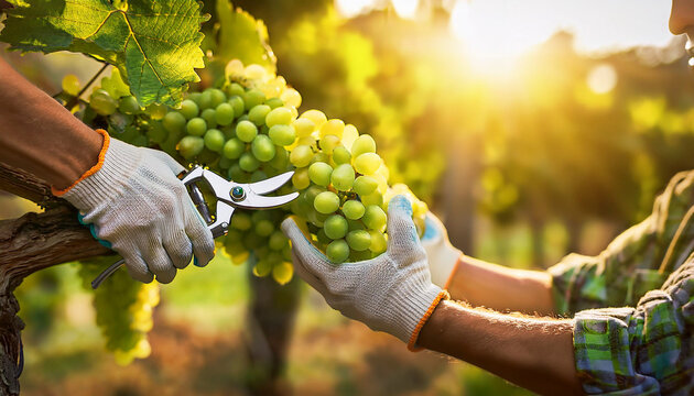 Manos de agricultor con guantes de jardiner&iacute;a y tijera para podar cortando un racimo de uvas en un vi&ntilde;edo durante la vendimia