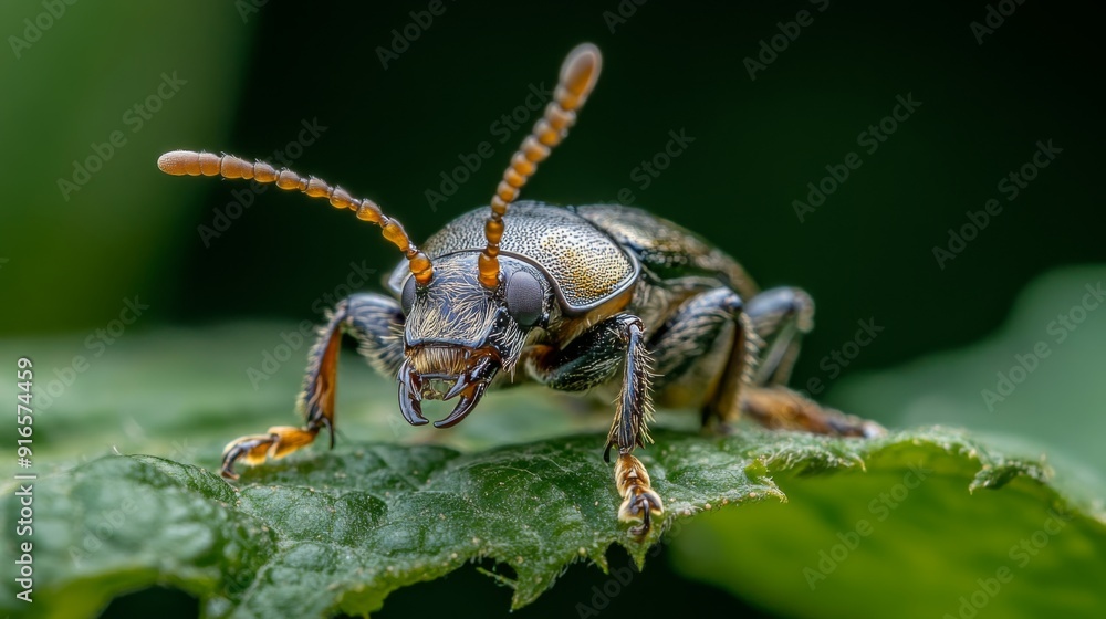 Poster A macro view of a beetle on a leaf, showing the texture and sheen of its hard exoskeleton.