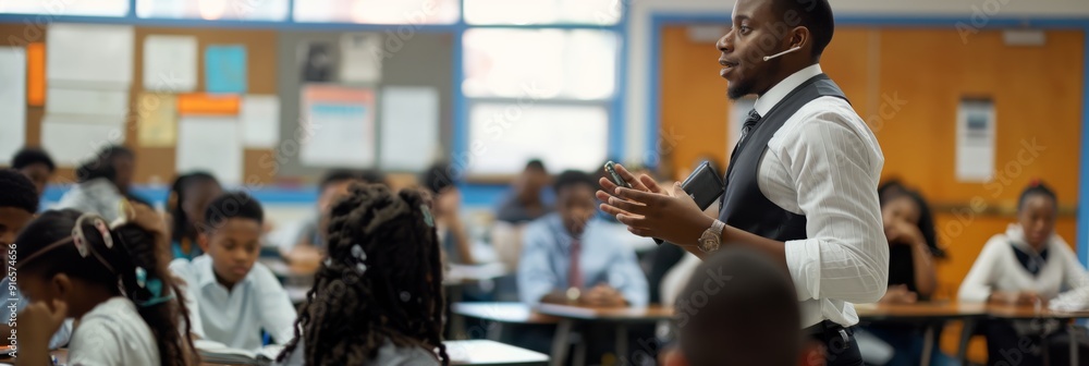 Poster engaged classroom discussion involves a dedicated teacher leading students in interactive learning, 