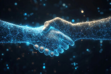 An abstract digital background featuring two men shaking hands