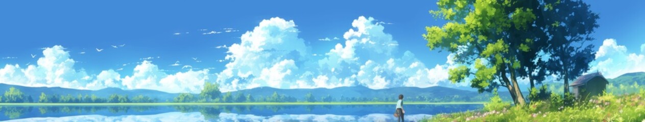 Fototapeta premium Enchanting Anime-Style Lakeside Dreamscape: Mesmerizing Cloud Reflections in Tranquil Waters. Magical Winter Scenery for Creative Marketing, 4K Wallpapers, and Whimsical Book Illustrations. Perfect fo