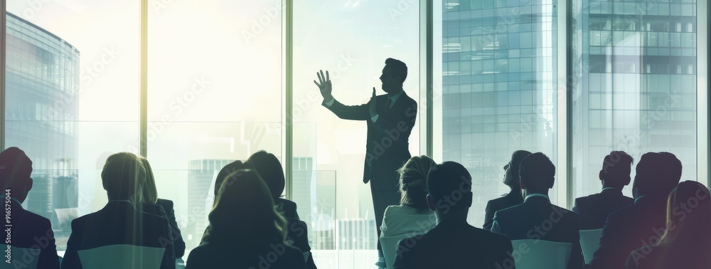 Aufkleber a professional speaker leads a business presentation in a modern office, fostering collaboration and