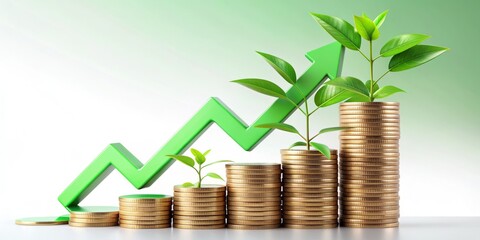 A 3D illustration of a dipping stock price graph with a green arrow indicating a buying opportunity, surrounded by coins and a growing plant, symbolizing profit.