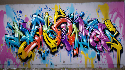 Multicolored Abstract Graffiti on the Wall, Multicolored Graphic Inscriptions on the Wall, Dragon, Woman, and Man Abstract Graffiti Wallpaper Background