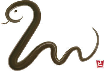 手描きのヘビの墨絵・水墨画、筆のベクターイラスト
