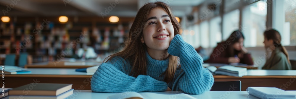 Poster a cheerful student daydreams in a welllit library surrounded by books, creating a peaceful space for